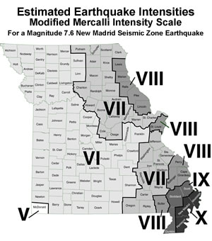 Mercalli scale by counties New Madrid Fault - from MO DNR