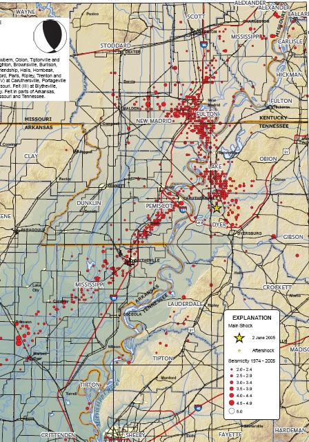 New Madrid Fault quakes with lakes, roads, political lines